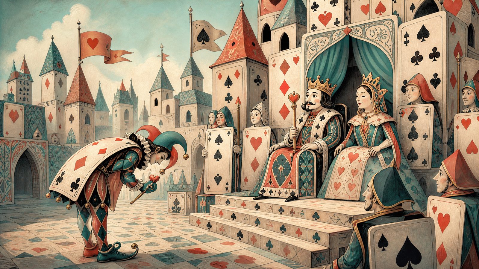 A court of playing-card royalty with a bowing jester in storybook style