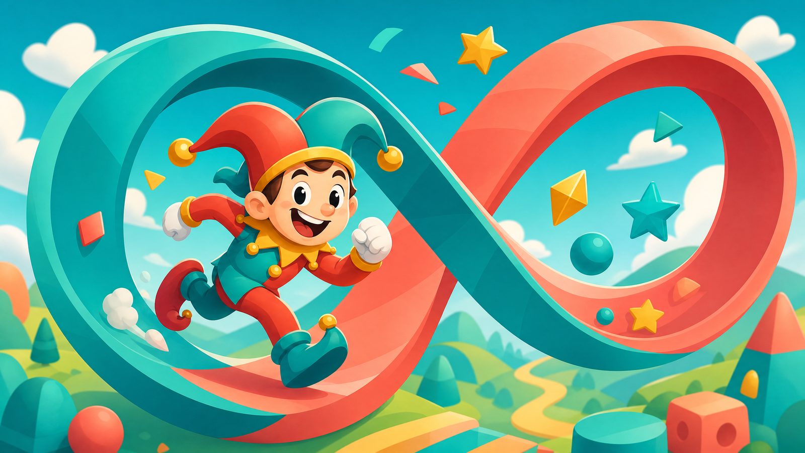 Cartoon jester sprinting along a looping ribbon track