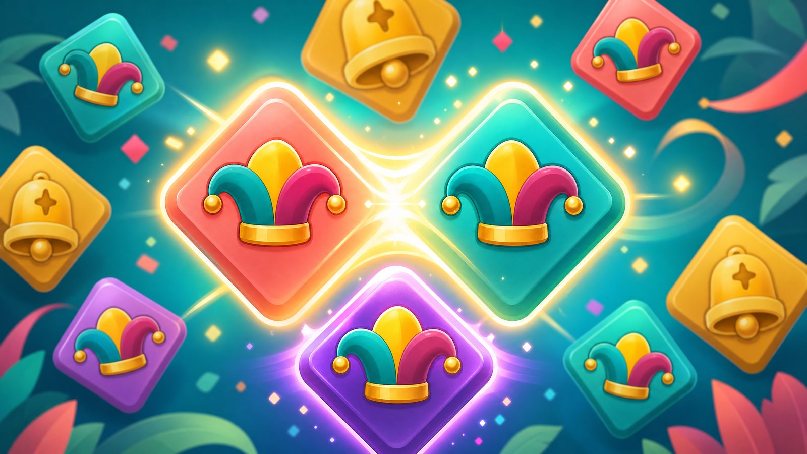 Bright diamond tiles with jester hats merging in a glow