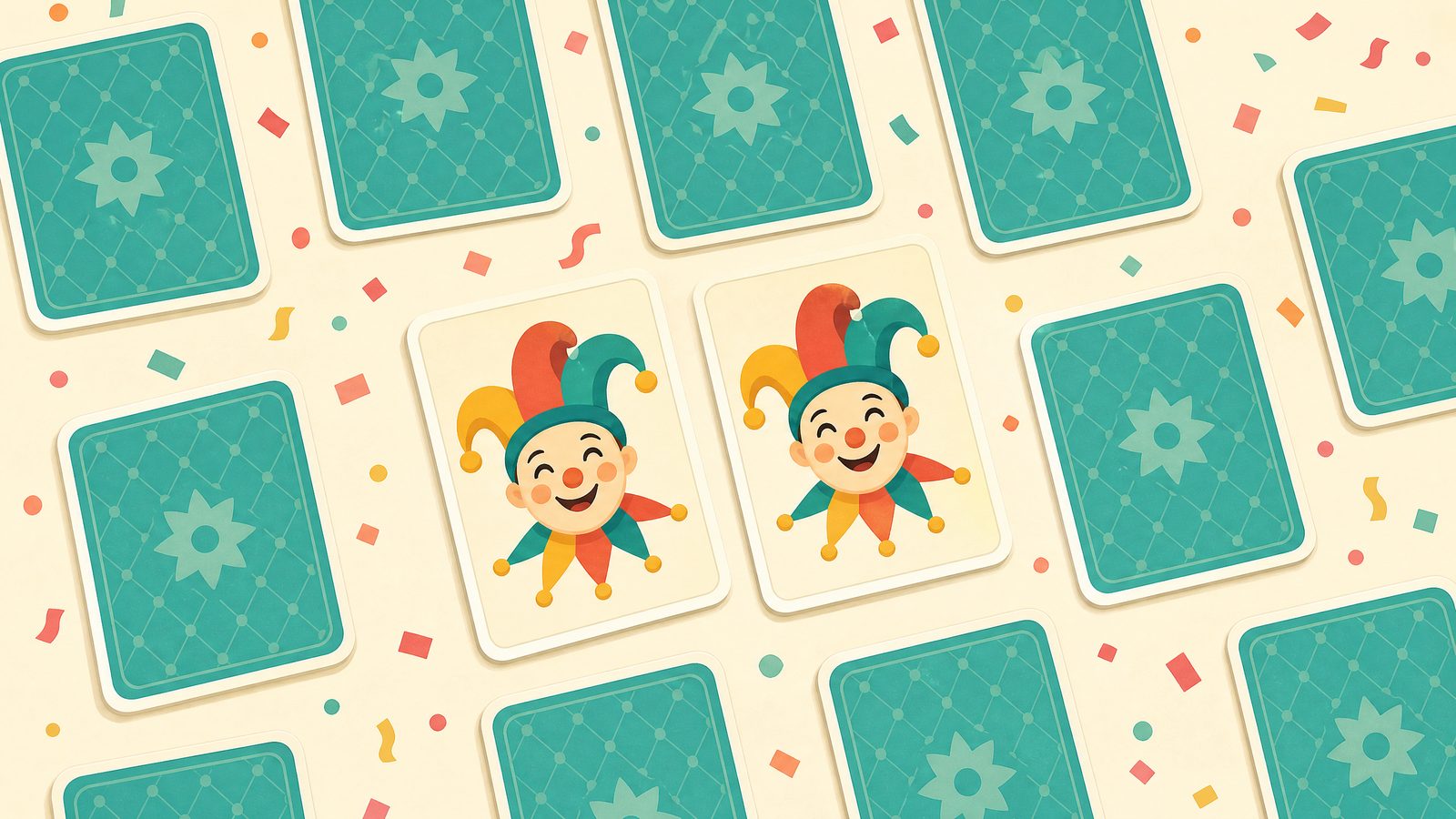 Two matching jester cards flipped face-up among face-down teal cards