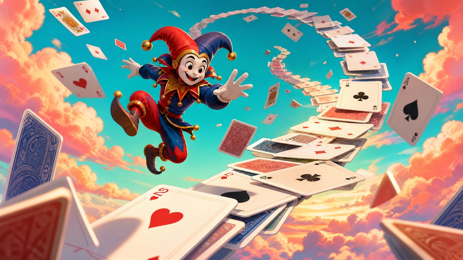 A jester leaping across a winding airborne path of playing cards